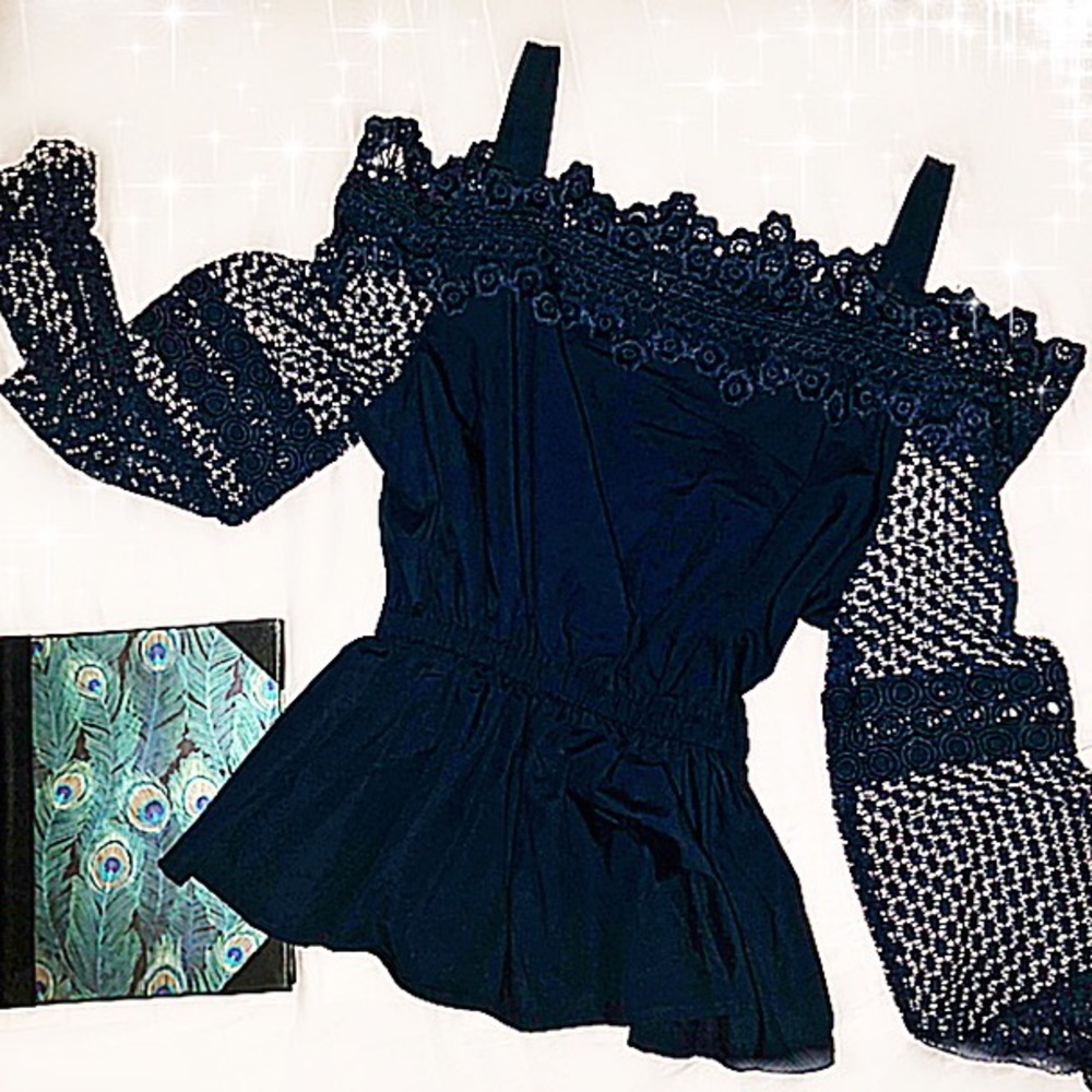 🌙 Off Shoulder Deep Blue Lace Sleeved Top - Picture 3 of 5